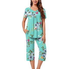 Aodemo Womens Summer Pajama Sets Pleated Sleepwear Ladies Short Sleeve Nightwear 3/4 Pants Pjs Lounge with Pockets XL, Mint Green