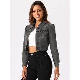Allegra K Women's Jean Jackets Puff Sleeve Button Up Cropped Denim Jacket Medium Black Gray