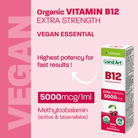 Certified Organic Vitamin B12 5000mcg Drops, Methylcobalamin, 50 Servings – Land Art - Vegan - Sugar Free – Maximum Absorption – Made in Canada