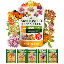 HOME GROWN Milkweed Flower Seeds - 500+ Heirloom Perennial Wildflower Seeds (5 Individual Varieties) Supports Monarch Habitat, Grows in Zones 3–10 (Asclepias syriaca)