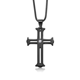Gem Stone King Men's Scratch-Proof Tungsten Carbide Religious Cross Pendant Necklace with Lab Grown Diamonds and Black IP Plating on Stainless Steel Chain | G-H Color | VS2-SI1 Clarity, Tungsten, Lab