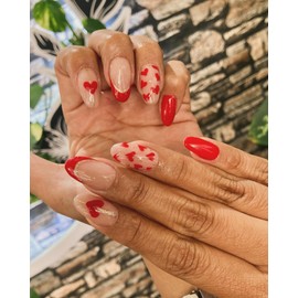 Red French Tip Press on Nails Almond Short Fake Nails Cute Heart Full Cover Glue on Nails Glossy Artificial Stick on Nails Reusable Acrylic False Nail for Women Girls 24Pcs