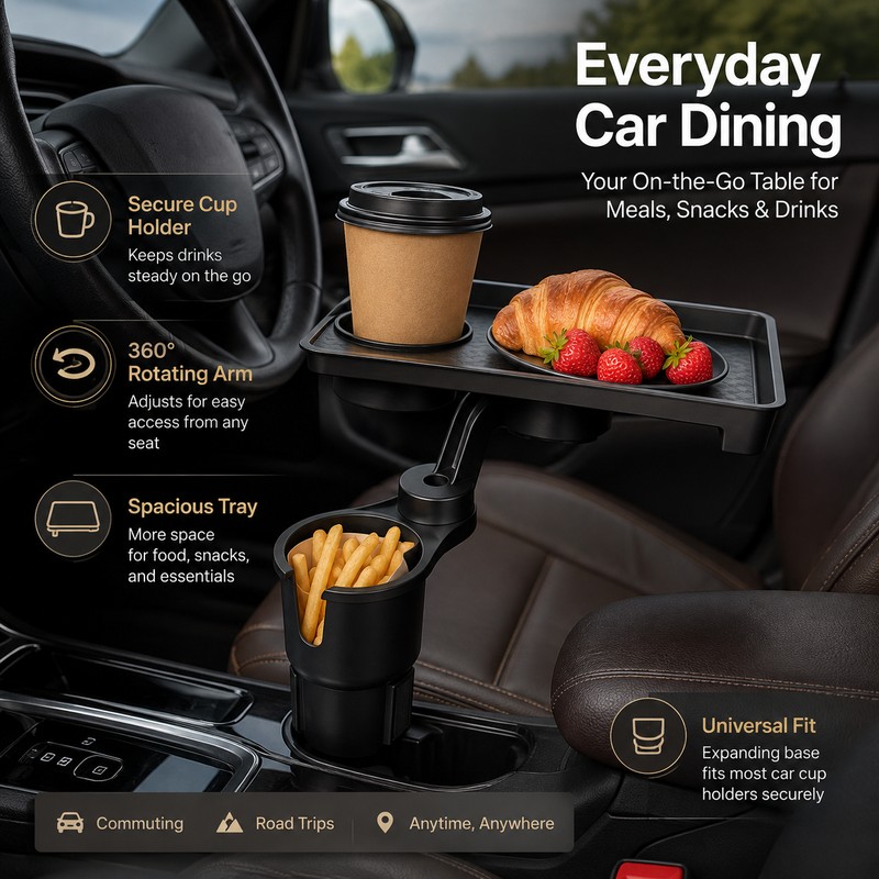 Car Cup Holder Tray for Travel – 360° Rotating Dual