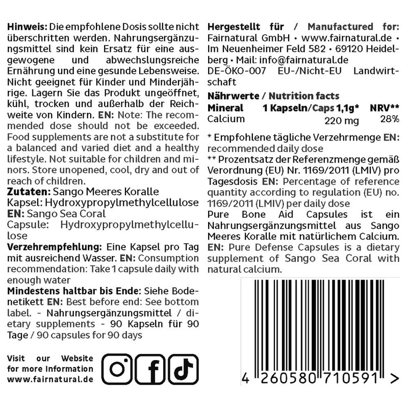 Natural Calcium Capsules Vegan with High Bioavailability [Regional from Germany]
