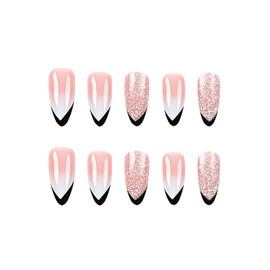SINHOT Stiletto Press on Nails Long - White Gradient Fake Nails Glossy Glue on Nails Bling Glitter Acrylic Nail French Tip Almond Artificial Nail Art Stick on False Nails with Design DIY 24 pcs