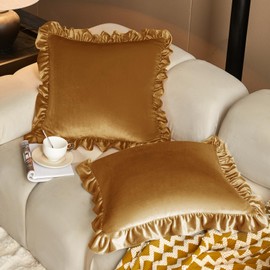 KKJIAF Gold Velvet Throw Pillow Covers 20 x 20 Inch Set of 2, Ruffle Euro Pillow Shams Velvet Square Pillow Case for Sofa Bedroom Couch Decorative