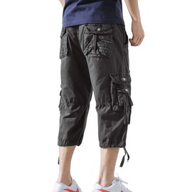 DONGD Mens Cargo Shorts Cotton 3/4 Loose Fit Below Knee Capri Cargo Short Dark Grey