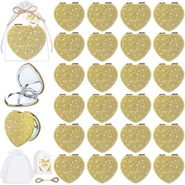 RattanView 24 Sets Heart Glitter Compact Mirror Gifts for Women Gold Magnifying 1x/2x PU Leather Mirror with Tags and Gift Bags for Wedding Bridal Shower Party Favor