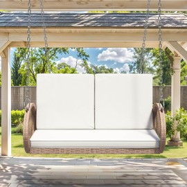 DWVO 2-Person Wicker Porch Swing with Cushions, Outdoor Hanging Swing Chair with Oval Armrests, Iron Frame, 530lbs Capacity for Patio, Garden, Balcony (Beige)