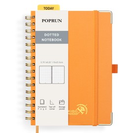 POPRUN Spiral Bullet Dotted Journal Notebook, [A5 Size] - 120 Gsm Thick Paper, 141 Numbered Pages, Wirebound Notepad for Men & Women with Pocket, Index Tabs, 8 Perforated Sheets, Orange