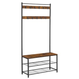 VASAGLE Coat Rack, Hall Tree with Shoe Storage Bench, Entryway Bench with Shoe Storage, 3-in-1, Steel Frame, for Entryway, 12.6 x 33.5 x 68.9 Inches, Industrial, Rustic Brown and Black UHSR401B01