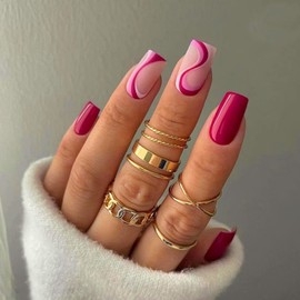 24Pcs French Press on Nails Short, Square Swirl Design False Nails Elegant Ballet Fake Nails with Glue Sticker Colorful Wave Glue on Nails for Women and Teen Girls