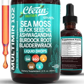 Clean Nutra Organic Sea Moss Drops Supplement | Black Seed Oil Irish Seamoss Ashwagandha Burdock Root & Bladderwrack - Multimineral Liquid Vegan for Gut Heath Energy Skin Immune Support & Hair
