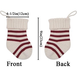 LimBridge Christmas Mini Stockings, 6 Pack 9 inches Knitted Knit Stripe Rustic Holiday Decorations, Goodie Bags for Family and Friends, Burgundy and Cream