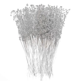 ZJJZGYXINTAI 60 Pieces Pearl Stick Stems Bouquets, 4mm Bead String Garland Beaded Spray Filler Floral Arrangements Tree Picks Wedding Party Decoration, Christmas Decorations, Christmas Tree Picks (Silver)