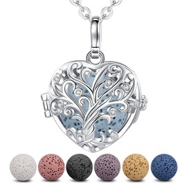INFUSEU Tree of Life Pendant Aromatherapy Necklace for Women Essential Oil Diffuser Jewelry Healing Lava Rock Stone Heart Spiritual Gifts Items for Meditation Yoga Aroma Perfume