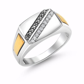 Gem Stone King Men's 925 Silver and 10K Yellow Gold Black Diamond and White Lab Grown Diamond Ring (0.15 Cttw, 9.5MM Width, Available in Size 7,8,9,10,11,12,13)