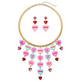 Valentines Day Collar Necklace Gold Metal Chunky Choker Necklace Colorful Conversation Candy Hearts Tassel Choker Necklace Fashion Statement Valentine's Necklace Earrings Jewelry Set (valentine jewelry set A, medium)