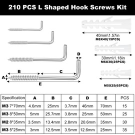 REJOECE 210 Pcs Screw Hooks - L Shaped,4 Sizes Right Angle Screws,Belt 3 Various Sizes Wall Hook with Expansion Tubes, Zinc-Plated Right Angle Hook for Wall and Ceiling, for Home, Office,Workshop Use