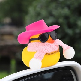 wonuu Winter Rubber Duck with Knitted Scarf Sunglasses Necklace Cowboy Hat, Mini Ducky for Home Party Ornament Car Accessories Dashboard Decoration, Pink