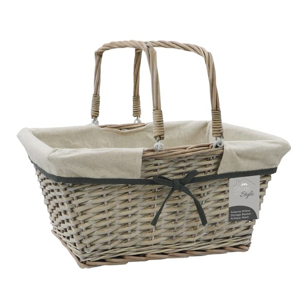 JVL Arianna Rectangular Willow Shopping Basket, Grey Wash