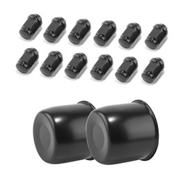 2-Pack Trailer Push Through Center Caps and Trailer Wheel Lug Sets - 4.25in Wheel Center Caps Black Wheel Cover Carbon Steel Hub Cap with 12 Black Capped 1/2-20 Lug Nuts for Truck RV