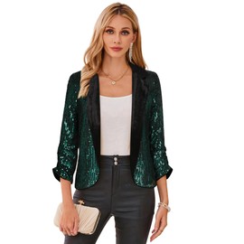 GRACE KARIN Women Sparkly Top Sequin Blazer Jacket 3/4 Sleeve Open Front Cropped Blazer Carnival Outfit Dark Green L