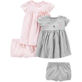 Simple Joys by Carter's Girls' Short-Sleeve and Sleeveless Dress Sets, Pack of 2, Pink Elephants/Grey Bear, 0-3 Months