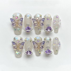 【YN.SELECTION】handmade Press on nails，coffin press on nails short，Bright colors 3d nails press ons，reusable 10 pcs fake nails with designs，Using high hardness acrylic false nails，Purple Butterfly(M)