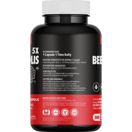 Bee Propolis 5X Extract 600mg 200 Vegan Capsules 6 Month Supply Natural Immune Support Sore Throat Relief Non-GMO No Sugar Allergen Free Made In Canada