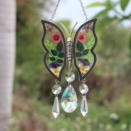 Crystal Butterfly Sun Catcher, Real Flower Glass Colorful Crystal Pendant Carefully Crafted, Window Exquisite Pendant, Decoration, Family and Friends, Suitable for Any Scene Festival