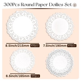 Daily Treasures 300Pcs Paper Doilies Round,3 Sizes(8.5"/7.5"/6.5")White Lace Paper Doilies,Disposable Placemats,Round Paper Doilies for Buffet Party Cakes Fried Food Party Wedding Tableware Decoration