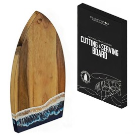 FUSIONOVA Acacia Cutting Board with Epoxy - Surfboard Shaped Wood Cutting Board with Waves, Beach House Essentials - Epicure, Gourmet, Cheese Lovers - Unique Gift for Surfers - Surf Decor - Surf Gift