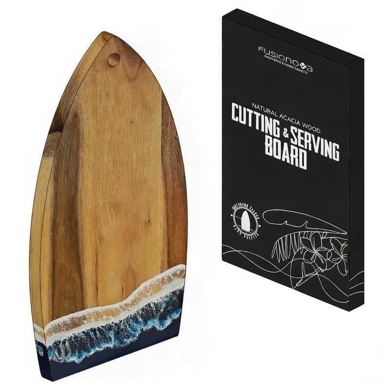 FUSIONOVA Acacia Cutting Board with Epoxy - Surfboard Shaped Wood