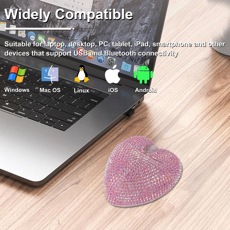 Wireless Mouse Bluetooth Cute Bling Crystal Rhinestone Pink Heart Shape
