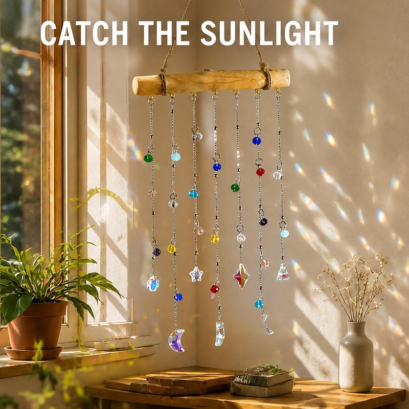 Crystal Sun Catcher,Rainbow Suncatcher Wooden Hanging Prism Window Decor
