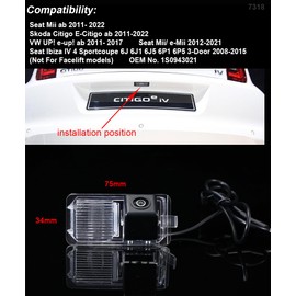 Car HD Night Vision Reversing Camera Parking Aid Colour Camera Reversing System Parking Camera for Seat MII/Skoda Citigo E-Citigo/UP/Seat Ibiza Sportcoupe 6J 6J1 6J5 6P1 6P5/OEM No. 1S0943021