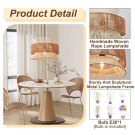 KAKINOTE 15.8" Boho Rattan Chandelier 1-Light Farmhouse Hand Woven Rope Pendant Light Modern Rustic Wicker Ceiling Light Fixture for Living Room Dining Room Bedroom Kitchen Island Hallway Foyer