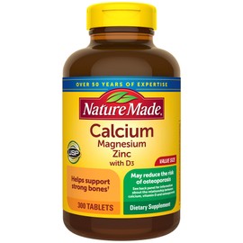 Nature Made Calcium Magnesium Zinc with Vitamin D3, Dietary Calcium Supplement for Bone Support, 300 Tablets