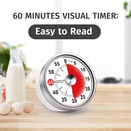 Visual Kitchen Timer, 60 Minute Mechanical Timers for Home Cooking Baking Oven Fitness Studying with Magnetic Backing, foldable leg, Hanging Hole (White)