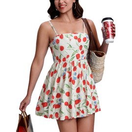 SeSe Code Summer Dresses for Women Spaghetti Strap Mini Sun Dress Casual Beach Sundress with Pockets Light Yellow Cherry M