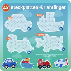 Smowo® 10 mm Ironing Beads Plates Vehicles - Set of 4 Pegboards and Templates - Car, Ship, Train, Plane - Large Pin Plates for Children from 3 Years