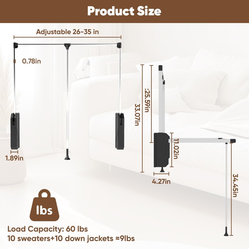 bimiti Pull Down Closet Rod Adjustable Width 26-35 Inches Floating