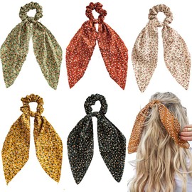 Chiffon Floral Hair Scarf with Ribbon Bows for Women and Girls - 5 Pcs Scrunchies with Ponytail Holders