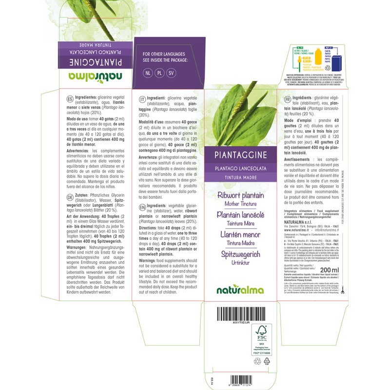 Plantain or Lung Leaf (Plantago lanceolata) Leaves Alcohol-Free Mother Tincture