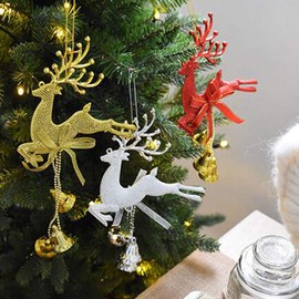 NUOBESTY Christmas Elk with Bells Hanging Ornaments, Glitter Jingle Bell Reindeer Pendant Xmas Tree Decorations Deer Miniatures for Christmas Home Office Party Silver 6pcs