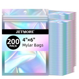 JETMORE Mylar Bags, 200 PCS Resealable Bags-4x6in, Holographic Bags for Travel Accessories, Stationery, Little Bags for Nails, Sealable Bags with Window, Display Holes, Dispensary Packaging on Demand