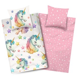 Aminata kids Unicorn Reversible Bed Linen 135 x 200 cm - Microfibre Children's Bed Linen Set with Zip - Colourful Unicorns and Stars - Allergy Friendly, Easy Care