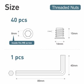 BOUMVID Screw-in Nuts M8 x 15, Pack of 40 Threaded Inserts Wood Screw-In Sleeve Thread Insert Galvanised Impact Nut Screw-In Thread Hexagon Nuts for Wooden Furniture