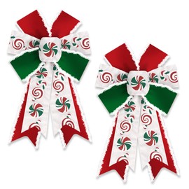 2 Pack Christmas Wreath Bows Christmas Decor Bows Green Red Candy Cane Velvet Ribbon Bows for Wreath, Xmas Tree Topper Bows for New Year Party Decoration Home Indoor Outdoor Wreath Ornament Supplies